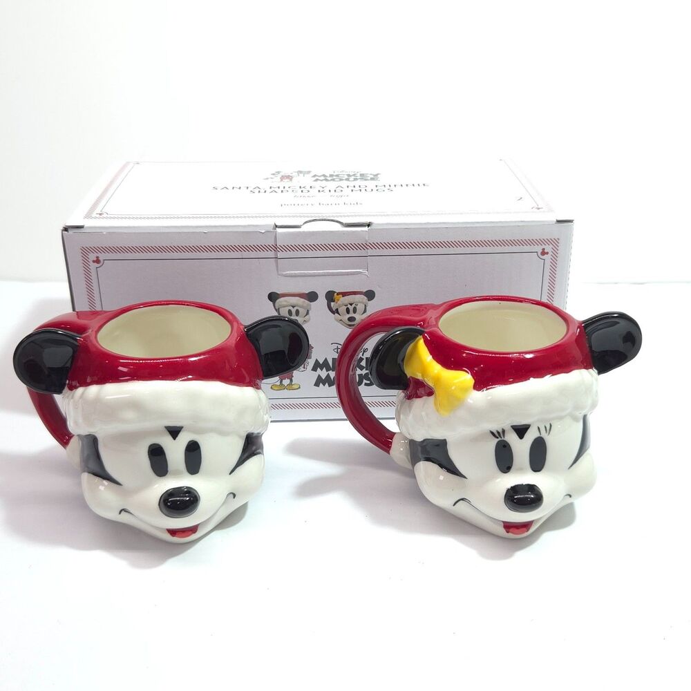 Pottery Barn Kids Disney Santa Mickey & Minnie Shaped Kid Mugs 2 Pc Set new